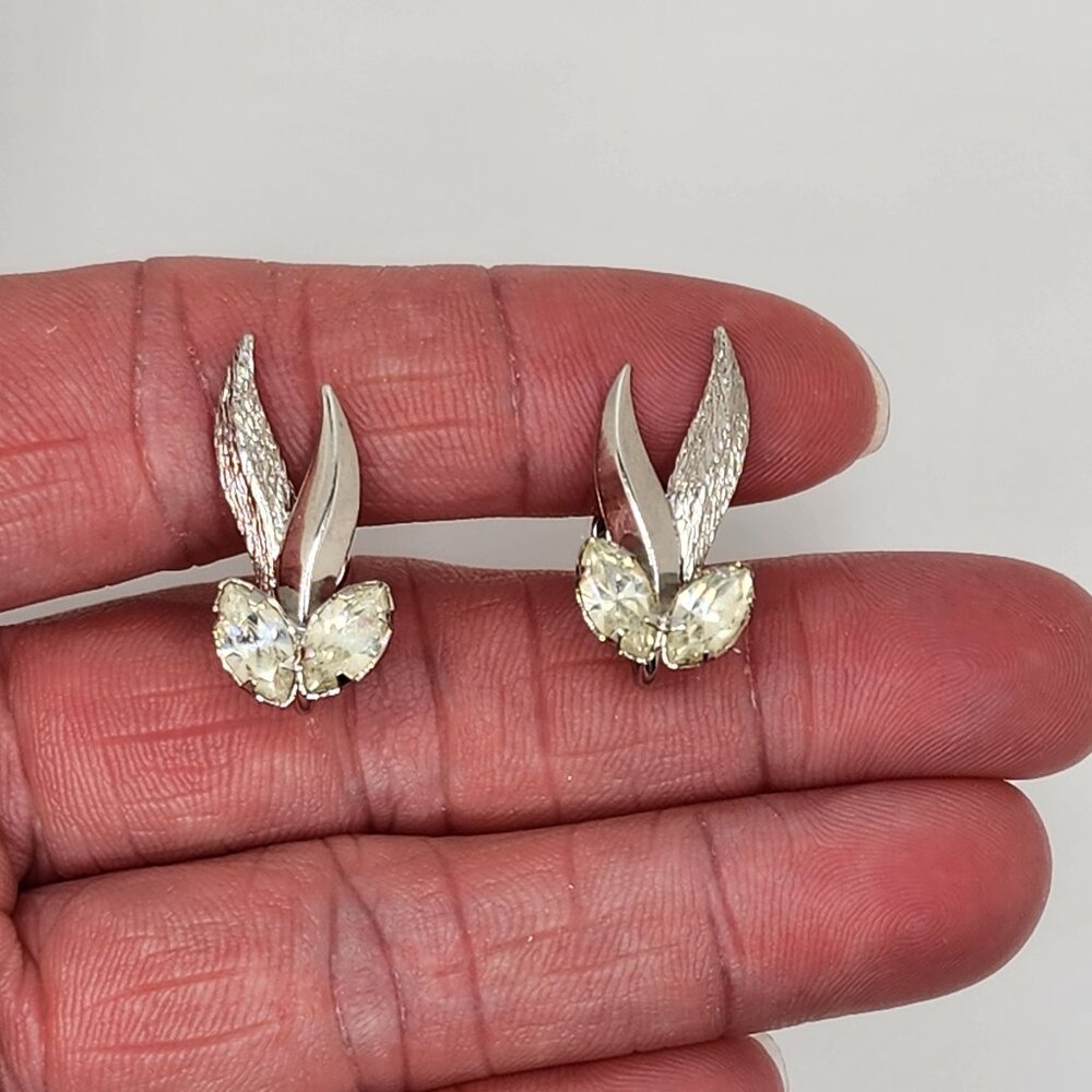 Star Art Sterling Leaves and Rhinestone Screwback Earrings